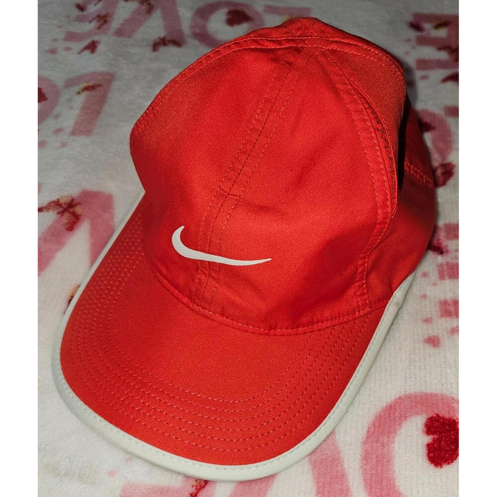 Nike Featherlight Hat 6 Panel Womens Orange Running Cap Single Swoosh Strapback